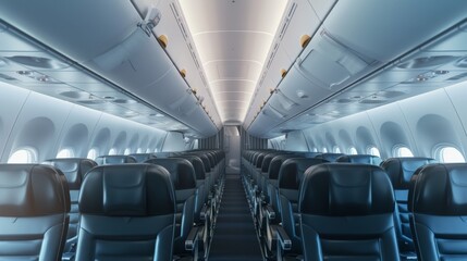 Fototapeta premium Airplane interior of commercial passenger. Airplane cabin and aisle with empty seats inside of plane