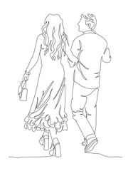 Couple walking away arm in arm. Woman wear fluffy skirt and holding purse. Single line drawing. Black and white vector in line art style.