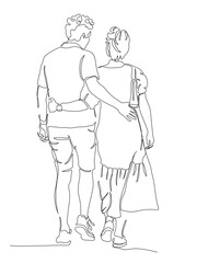 Couple walking away embracing. Wear dress and shorts in summer season. Continuous line drawing. Black and white vector illustration in line art style.