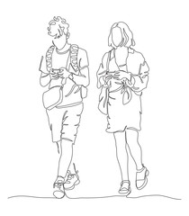 Young couple using phones and walking. Wear shorts, mini skirt. Man with backpack.Continuous line drawing. Black and white vector in line art style.