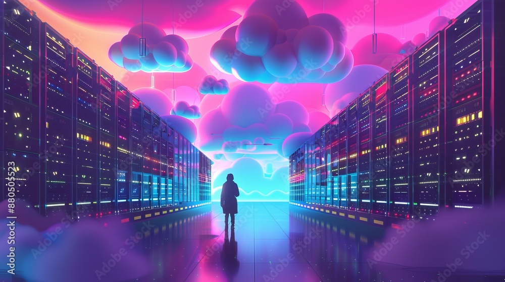 Poster futuristic big data center with chief manager overseeing cloud service operations and ai technology,