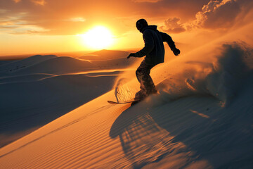 Thrilling Desert Descent: Sandboarder Silhouette Against Golden Sunset