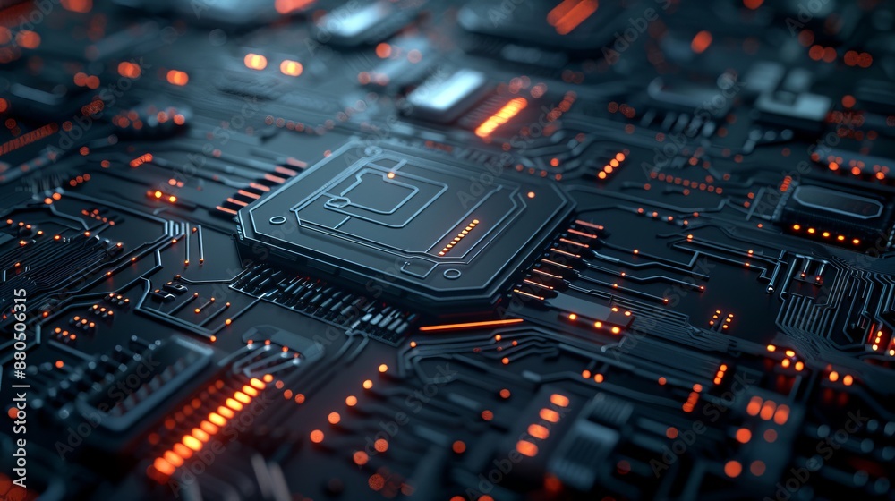 Poster futuristic abstract circuit board background with dynamic server elements - 3d rendering ideal for d
