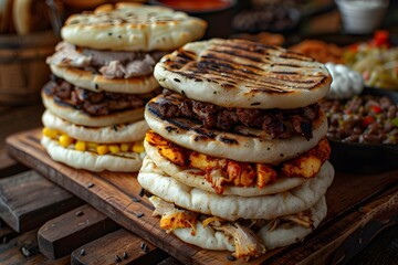 Delicious Stack of Grilled Arepas with Various Fillings