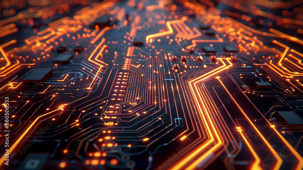 Poster futuristic abstract circuit board background with dynamic server elements - 3d rendering ideal for d