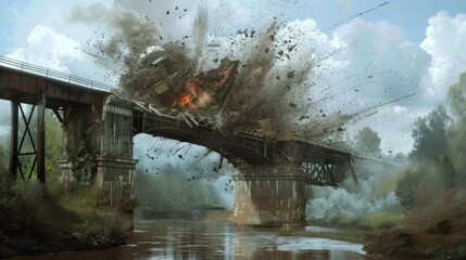 A controlled explosion of an old bridge collapsing into a river.