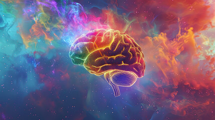 Fototapeta premium A hologram of a human brain. 3D rendering of a glowing brain. Artificial Intelligence concept. Brain futuristic technology. Electric brain. Artificial intelligence digital brain. Copy space area