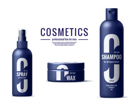 Shampoo, spray and hair wax package, men cosmetic products professional templates. Realistic 3d vector packaging sophisticated and modern look. Spray bottle, jar and flask for hair care and grooming