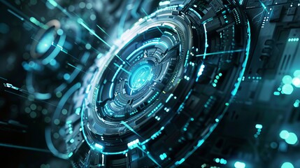 Abstract futuristic technology background with digital data streams, high-tech circuit board elements, and glowing binary code patterns in blue and black - ideal for modern tech innovations, ai concep