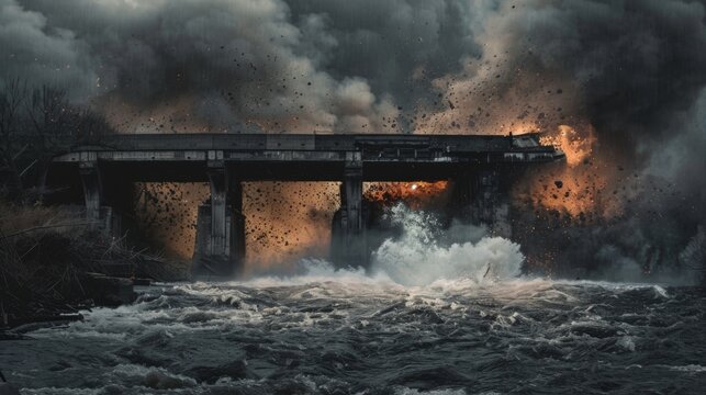 A controlled explosion of an old bridge collapsing into a river.