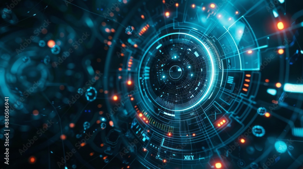 Poster advanced technology concept with holographic data streams and high-tech digital interface on dark ba