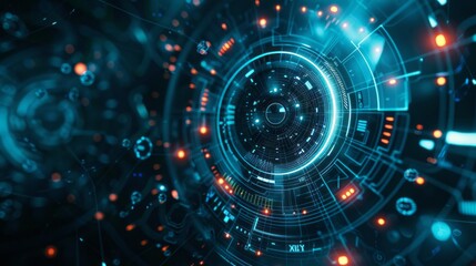 Advanced technology concept with holographic data streams and high-tech digital interface on dark background