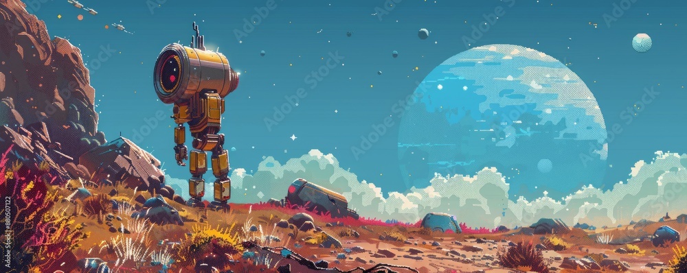 Wall mural a pixel art rendition of a retro-futuristic robot exploring a desolate planet, its pixelated form co
