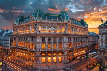 Obraz premium Majestic Historic Building Illuminated at Sunset in a Bustling City
