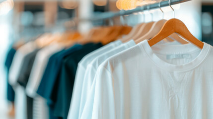 Obraz premium Row of t-shirts on wooden hangers in a clothing store, retail fashion, merchandising, suitable for business and marketing use, highlights themes of fashion, organization, and shopping.