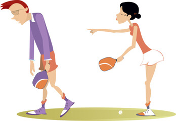 Couple pickleball players. Angry woman and upset man. Pickleball court. Angry woman points a finger and scolds an upset man 