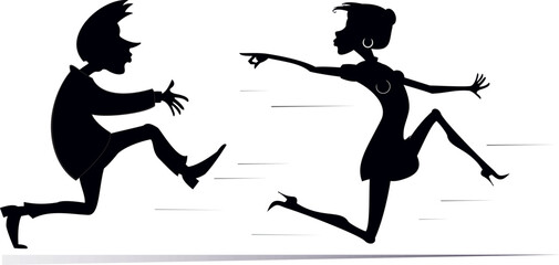 Young couple. Woman runs away from the man. 
Running woman looks back and points a finger to the man trying to catch him. Black and white
