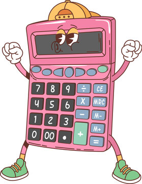 Cartoon retro groovy school calculator character with funky face, vector funny personage. 70s hippie or groovy retro cartoon calculator with happy smile for back to school and student education
