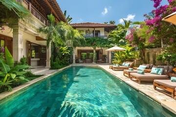Fototapeta premium Luxurious Tropical Villa with Private Pool and Lush Garden