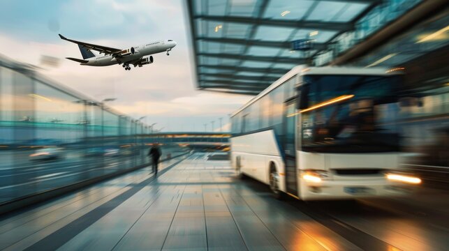 shuttle bus brought people to the airport for the flight, a modern white coach bus at an airport terminal.