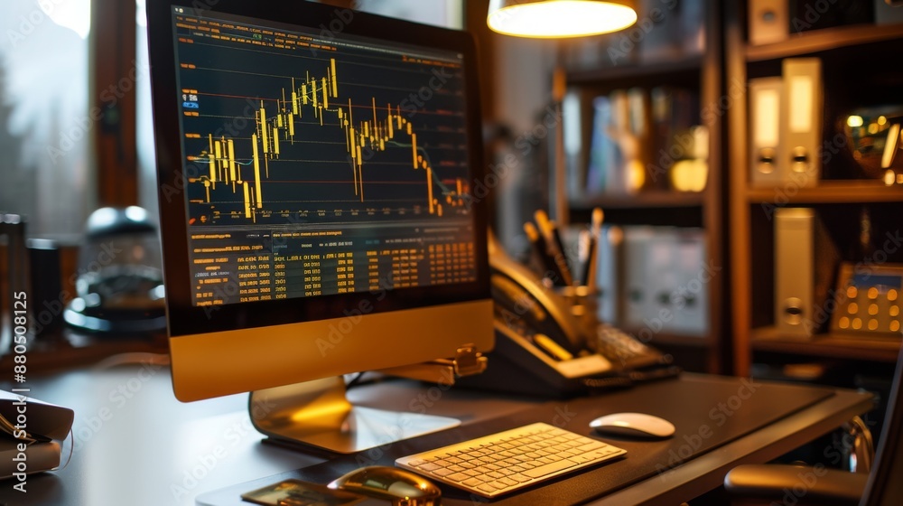 Poster a desktop computer displaying real-time gold price charts and market trends.