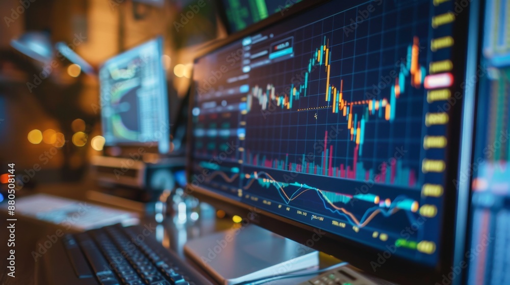 Leinwandbilder a desktop computer screen with multiple gold market graphs and financial news.