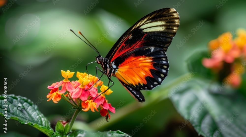 Poster a detailed macro shot of a colorful butterfly perched on a flower.