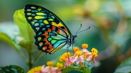 A detailed macro shot of a colorful butterfly perched on a flower.