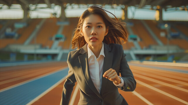 businesswoman running at running track in stadium, business competition concept - Powered by Adobe