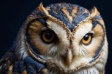 Close up portrait of owl face with intense eyes and detailed feather pattern