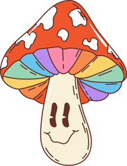 Retro groovy mushroom character. Isolated cartoon vector hippie, psychedelic amanita fungus with vibrant red dotted cap a chunky stem and colorful pulp. Whimsical fly agaric exuding nostalgic vibe © Buch&Bee