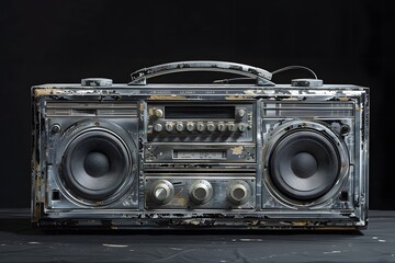 Vintage Boombox with Worn-Out Exterior on Black Background