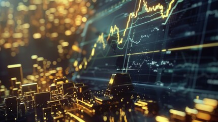 Obraz premium A digital interface displaying real-time gold price graphs and economic forecasts.