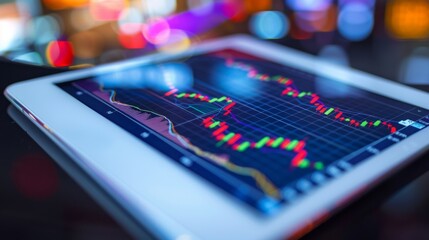 A digital tablet displaying various graphs and charts related to stock market performance.