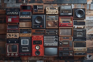 Obraz premium Vintage Radio Collection Displayed on Rustic Wooden Wall