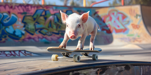 Playful Piglet Skateboarding in Colorful Graffiti Alley
