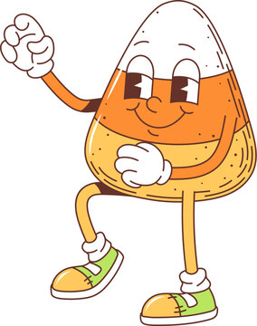 Cartoon retro groovy Halloween candy corn character for horror night holiday, vector comic face. Groovy funky or hippie candy corn with happy smile, Halloween trick or treat party character emoji