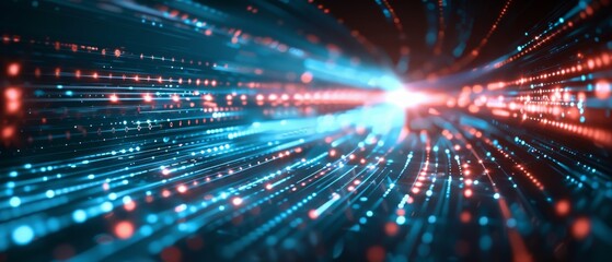 Naklejka premium Abstract digital data flow background with glowing blue and red light particles representing high-speed data transfer and technology.