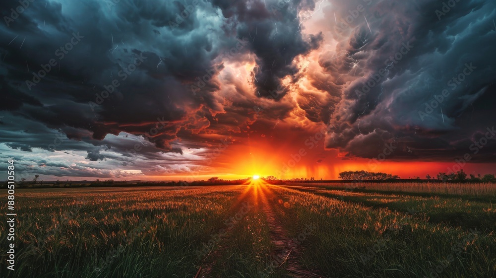 Poster a dramatic sunset breaking through storm clouds after heavy rainfall.
