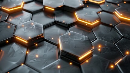 Futuristic hexagonal metal grid background with illuminated blue light, abstract high-tech design featuring metallic hexagon patterns and modern lighting effects for technology, innovation, and indust