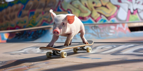 Adorable Pig Skateboarding on Graffiti Covered Ramp in Urban Setting