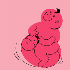 Happy red drawn character, baby riding bouncing toy horse on pink background. The Smiling kid, enjoying playful moment. Concept of childhood, games. Creative vector illustration. Hand drawn