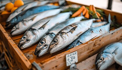 Freshly Caught Fish for Sale. Row of Fresh Mackerel Fish for Sale at the Market. Seafood on Display.