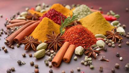 A colorful assortment of whole and ground spices, including star anise, nutmeg, and turmeric, arranged on a dark surface