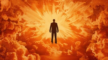 Powerful image of a man in suit standing on an explosion, symbolizing strength and authority against a dark background.