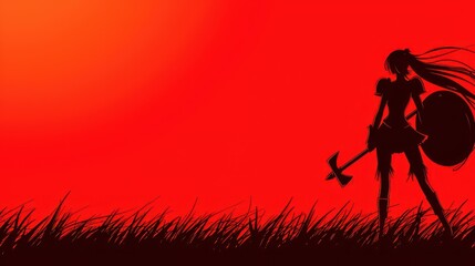 Captivating artwork of a fierce warrior girl in armor wielding a large axe on a bloody battlefield.