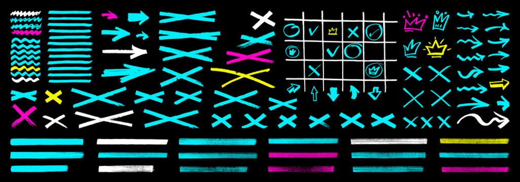 Bright color transparent marker highlighter lines, arrows, crowns. Hand painted marker underlines, frames. Set of vector cyan blue, yellow, purple pink and white infographic elements isolated on black
