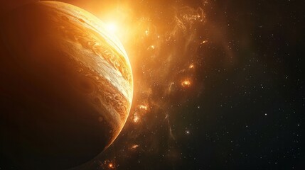 Obraz premium 3D rendering Jupiter planet with rising sun in space.