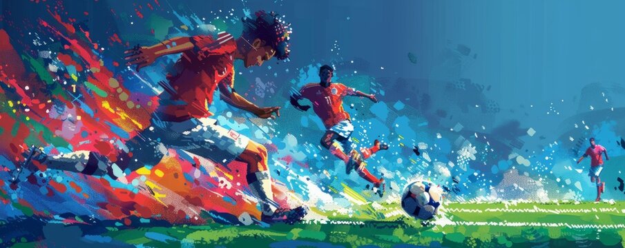 A pixel art illustration of a soccer player dribbling past their opponents, their pixelated movements conveying their agility and skill.