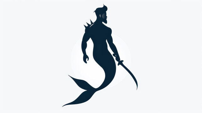 Detailed vector illustration of a solitary merman with armor, bearded face, and swords, standing tall with spiked shoulders. No background.